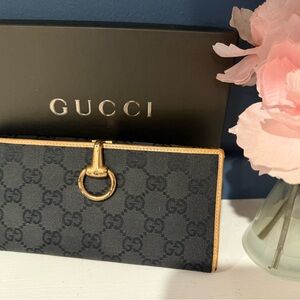 Vintage Gucci Black Horsebit Canvas Wallet with Gold Tone Trim